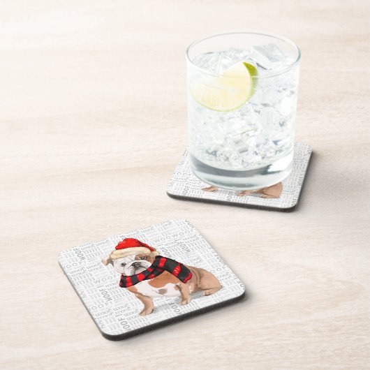 Winter Theme English Bulldog Woof Word Art Getränkeuntersetzer (Rechte Seite)