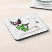 Winter Themed Boston Terrier with Woof Word Art Getränkeuntersetzer (Linke Seite)