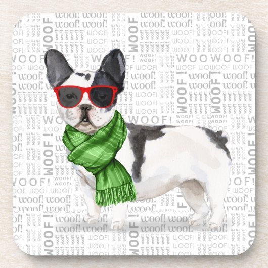 Winter Themed Boston Terrier with Woof Word Art Getränkeuntersetzer (Vorderseite)