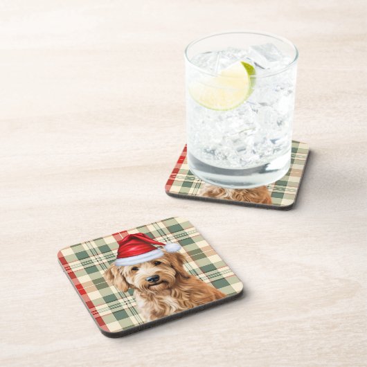 Winter Themed Goldendoodle Dog Urlaub Kariert Getränkeuntersetzer (Rechte Seite)