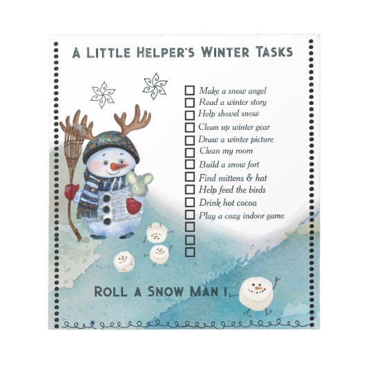 Winter To-Do List Notepad Snowman and Marshmallow Notizblock (Vorderseite)