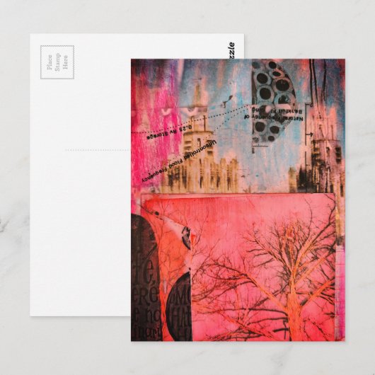 Winter Tree and Buildings Mixed Media Collage Postkarte (Vorne/Hinten)