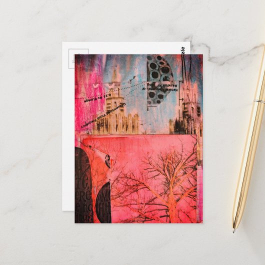 Winter Tree and Buildings Mixed Media Collage Postkarte (Vorderseite/Rückseite Beispiel)