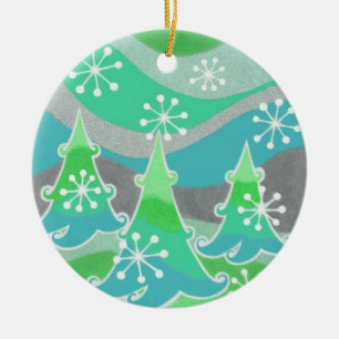 Winter Trees Green Text Ornament rund