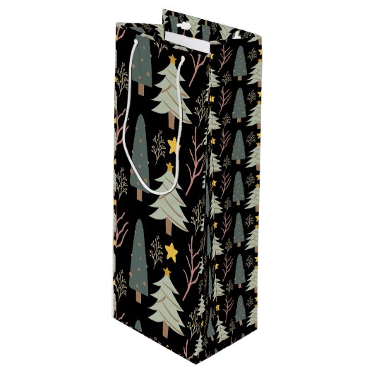 Winter Trees Pattern Holiday Forest Weihnachtsspas Geschenktüte Für Weinflaschen (Vorderseite Schrägansicht)