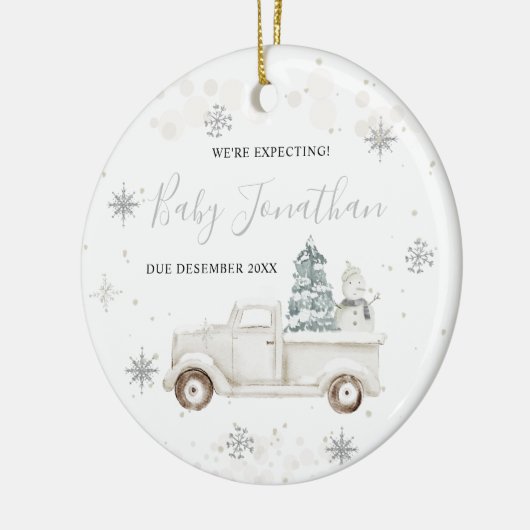 Winter Truck Baby Boy Girl Pregnancy Ankündigung Keramik Ornament (Links)