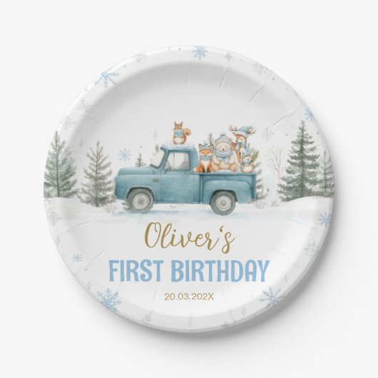 Winter Truck Onederland Forest Birthday Pappteller (Vorderseite)