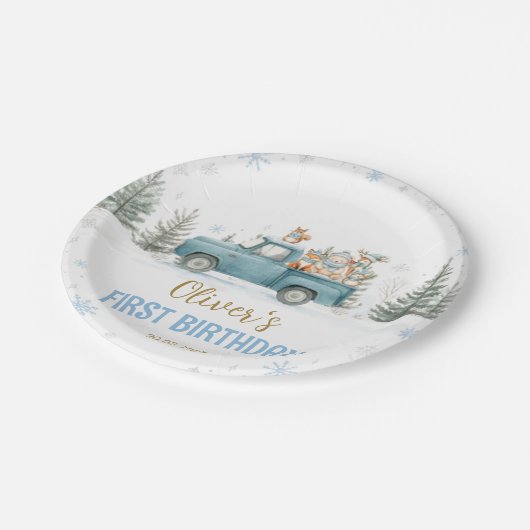 Winter Truck Onederland Forest Birthday Pappteller (Schrägansicht)