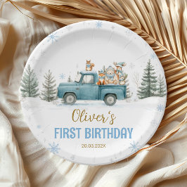 Winter Truck Onederland Forest Birthday Pappteller