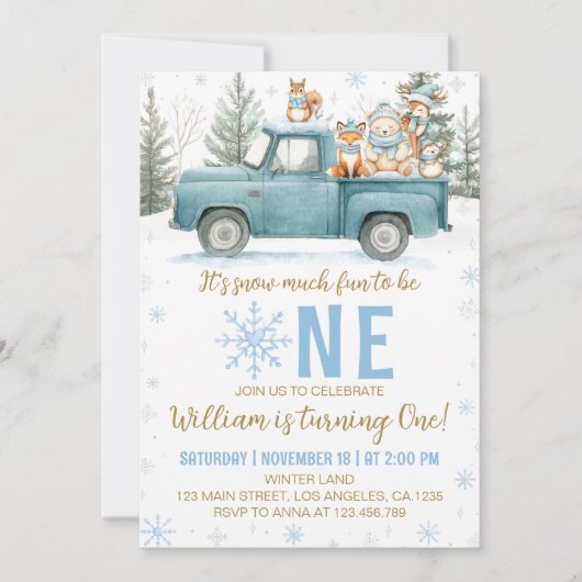 Winter Truck Woodland Onederland 1st Birthday Einladung (Vorderseite)