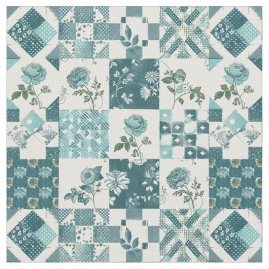 Winter Türkis Blau Patchwork Vintage Quilt Stoff (Nahaufnahme)