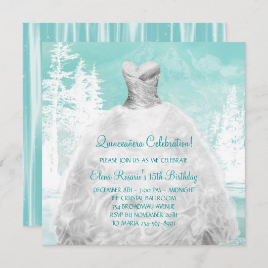 Winter Türkis Blaue Schneeflocken Quinceanera Einladung (Vorne/Hinten)
