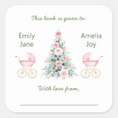 Winter twin girls Baby Shower Bookplates Quadratischer Aufkleber (Vorderseite)