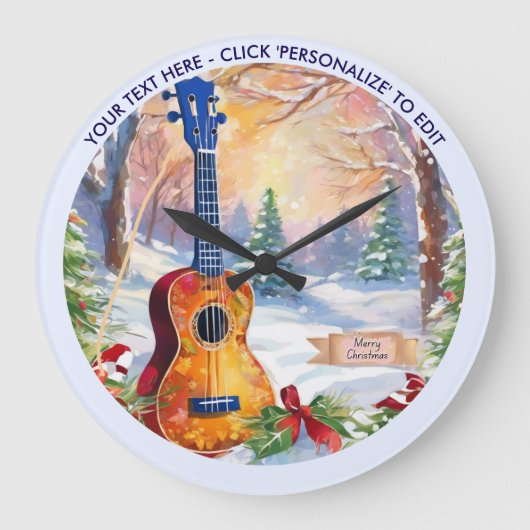 Winter Ukulele im Schnee Custom Text Weihnachten Große Wanduhr (Vorderseite)