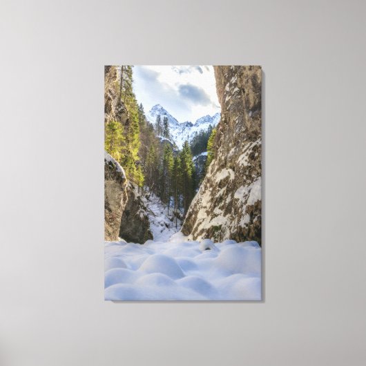 Winter- und Frühlingstal und Berge Leinwanddruck (Vorderseite)