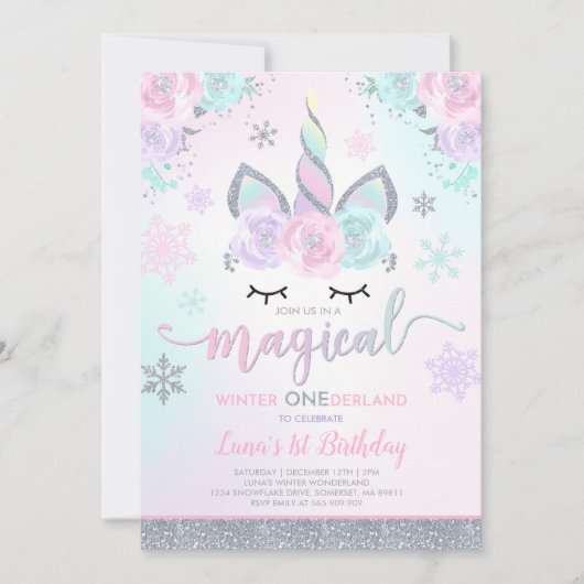 Winter Unicorn Einladung Winter ONEderland Party (Vorderseite)