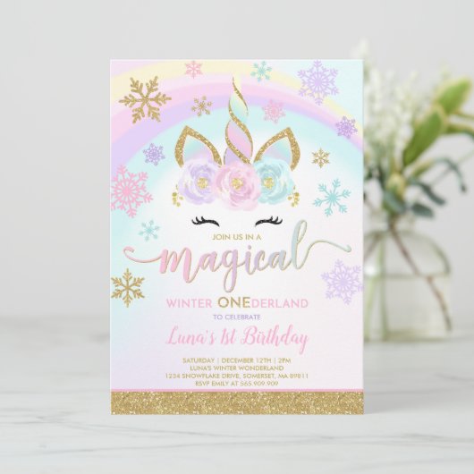 Winter Unicorn Einladung Winter ONEderland Party (Stehend Vorderseite)
