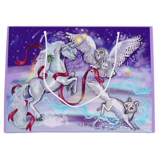 Winter Unicorn Fantasy Große Geschenktüte (Vorderseite)