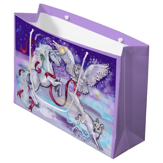 Winter Unicorn Fantasy Große Geschenktüte (Vorderseite Schrägansicht)
