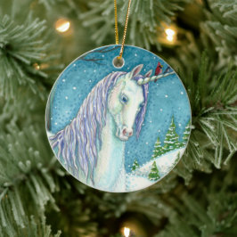 WINTER UNICORN UND VÖGEL, FRIEDLICHER SCHNEEFANTAS KERAMIK ORNAMENT