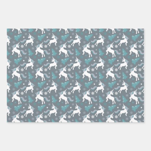 Winter Unicorns, Bäume und Schneeflocken Geschenkpapier Set (Vorderseite 3)