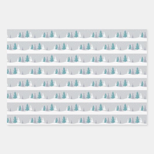 Winter Unicorns, Bäume und Schneeflocken Geschenkpapier Set (Vorderseite)