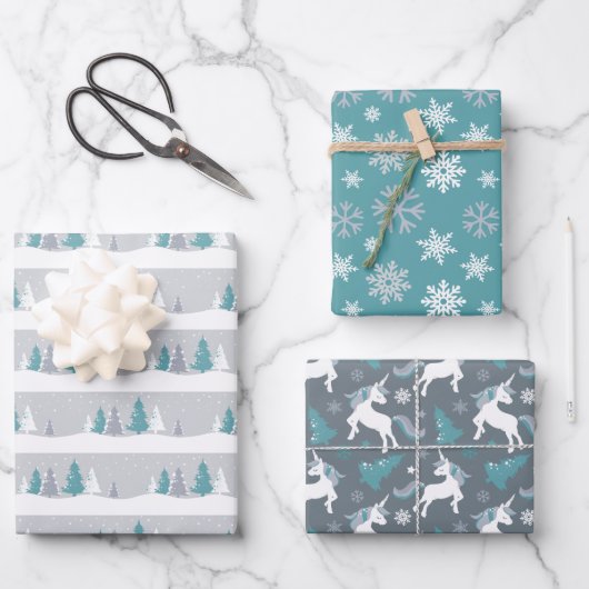 Winter Unicorns, Bäume und Schneeflocken Geschenkpapier Set (Vorderseite)