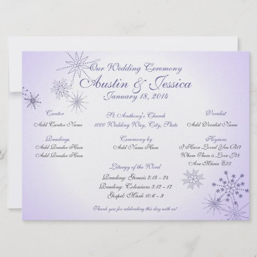 Winter-Veilchen-Schneeflocken-Hochzeitsprogramm Einladung (Vorderseite)