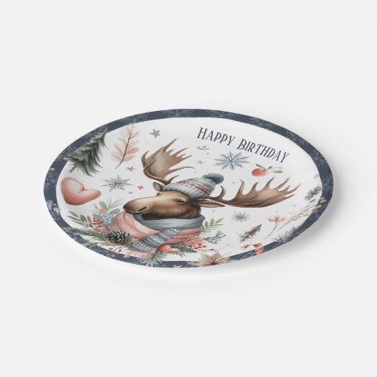 Winter Vibes Moose - Geburtstag Pappteller (Schrägansicht)