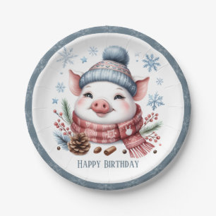 Winter Vibes Pig Scarf und Hat - Geburtstag Pappteller