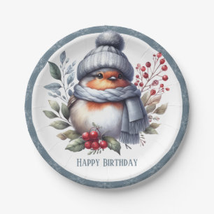Winter Vibes Robin mit Hut und Scarf - Geburtstag Pappteller