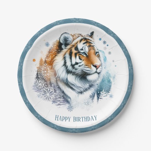 Winter Vibes Snowy Landschaft Tiger Geburtstag Pappteller (Vorderseite)