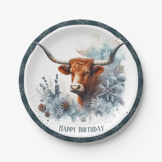 Winter Vibes Texas Longhorn Geburtstag Pappteller (Vorderseite)