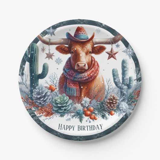 Winter Vibes Texas Longhorn Geburtstag Pappteller (Vorderseite)