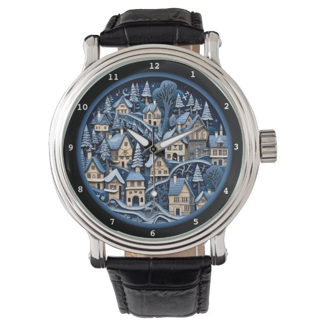 Winter Village Art Nostalgia Design Armbanduhr (Vorderseite)