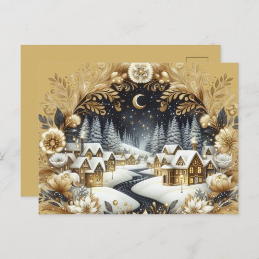 Winter village gold & black design postcard postkarte (Vorne/Hinten)