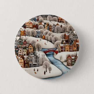 Winter Village Scene Cozy Snowy Town  Button