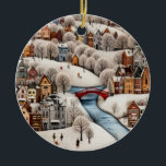 Winter Village Scene Cozy Snowy Town  Keramik Ornament<br><div class="desc">Perfect for puzzle lovers, Scandinavian decor fans, holiday shoppers, and fans of whimsical winter art, this delightful illustration depicts a snow-covered European-style town with vibrant houses, a striking red bridge, icy river, and tiny figures skating, walking, and playing. Ideal as wall art, jigsaw puzzle print, Christmas gift, or nursery/kids’ room...</div>