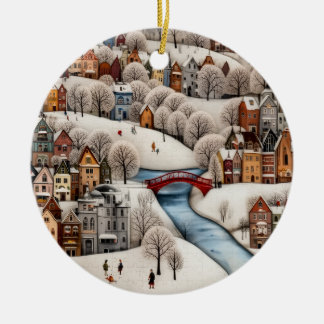 Winter Village Scene Cozy Snowy Town  Keramik Ornament