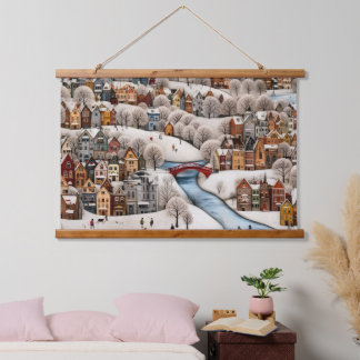 Winter Village Scene Cozy Snowy Town  Wandteppich Mit Holzrahmen