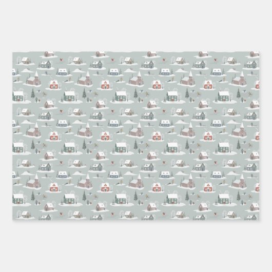 Winter Village Snow Scene Muster Geschenkpapier Set (Vorderseite)
