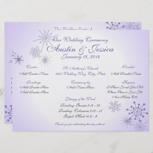 Winter-Violet-Snowflake-Hochzeitsprogramm Einladung (Vorne/Hinten)