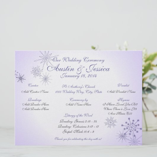 Winter-Violet-Snowflake-Hochzeitsprogramm Einladung (Stehend Vorderseite)