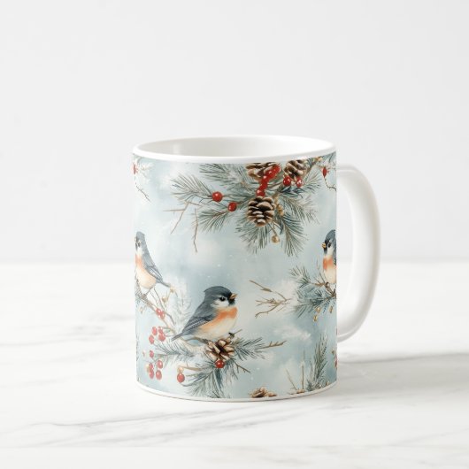 Winter-Vogelmuster mit Pinecones und Schnee Kaffeetasse (VorderseiteRechts)