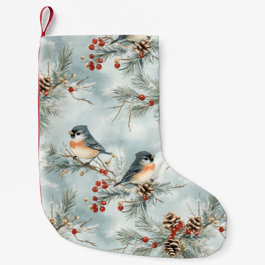 Winter-Vogelmuster mit Pinecones und Schnee Kleiner Weihnachtsstrumpf (Vorderseite)