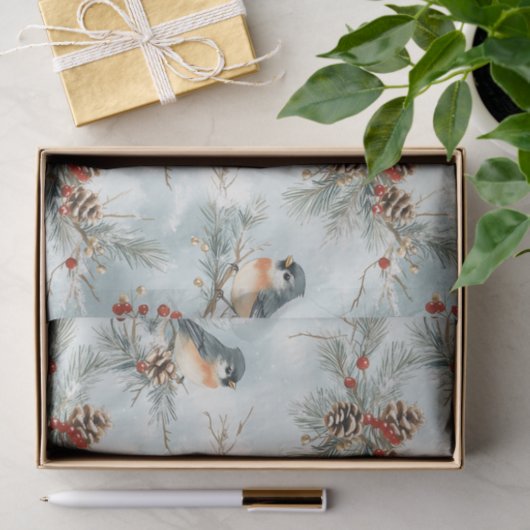 Winter-Vogelmuster mit Pinecones und Schnee Seidenpapier (Geschenk)