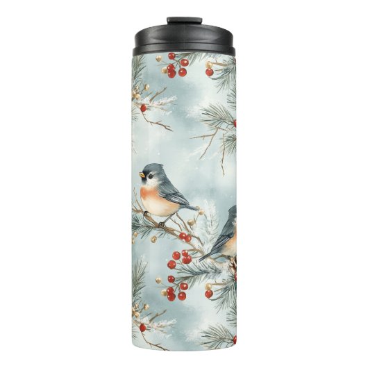 Winter-Vogelmuster mit Pinecones und Schnee Thermosbecher (Vorderseite)