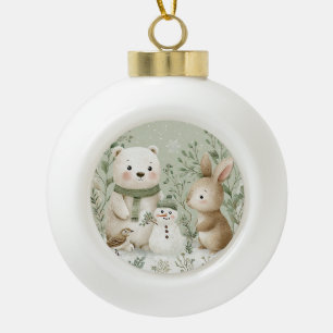 Winter-Wald-Bär-Hase-Schneemann Keramik Kugel-Ornament