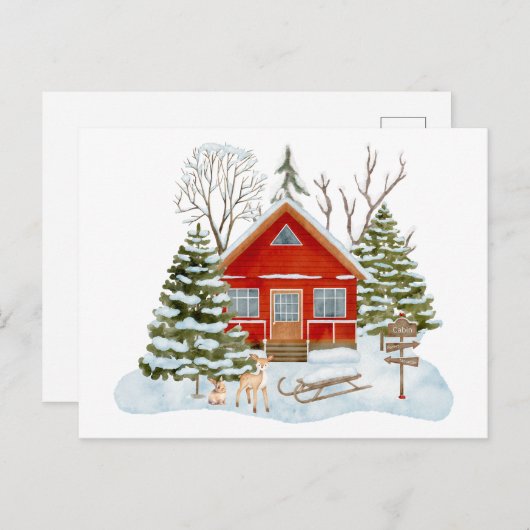 Winter-Waldhütten und Waldbesucher Postkarte (Vorne/Hinten)