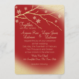 Winter-Waldschneeflocken Rot und Gold Hochzeit Einladung